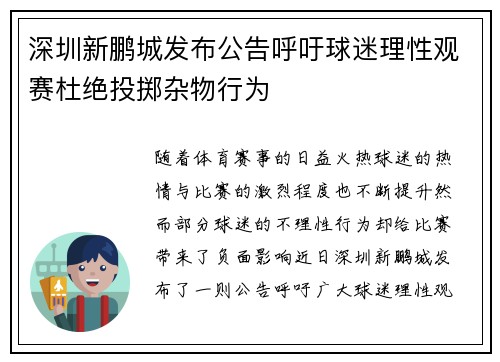 深圳新鹏城发布公告呼吁球迷理性观赛杜绝投掷杂物行为